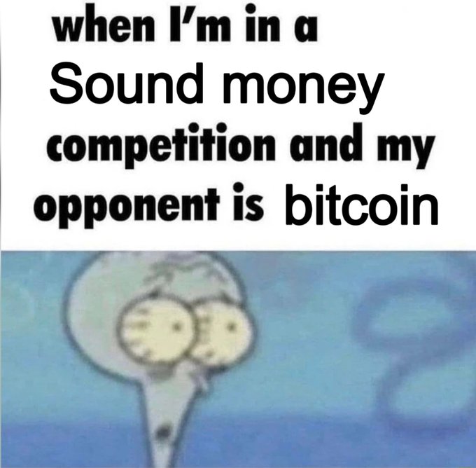 A meme featuring Squidward from SpongeBob SquarePants with a worried expression, captioned "when I'm in a Sound money competition and my opponent is bitcoin."