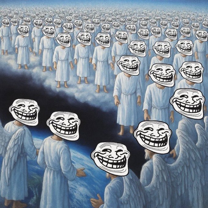The image features a group of people wearing white robes, with some of them also sporting angel wings as part of their attire. The scene appears to be set against a backdrop that resembles a cloudy sky or an overcast day. The people are standing close together in what seems to be a gathering or event. There is no discernible text present in the image, and the focus on the group's robes and angel wings suggests they might be participating in a religious or spiritual ceremony.