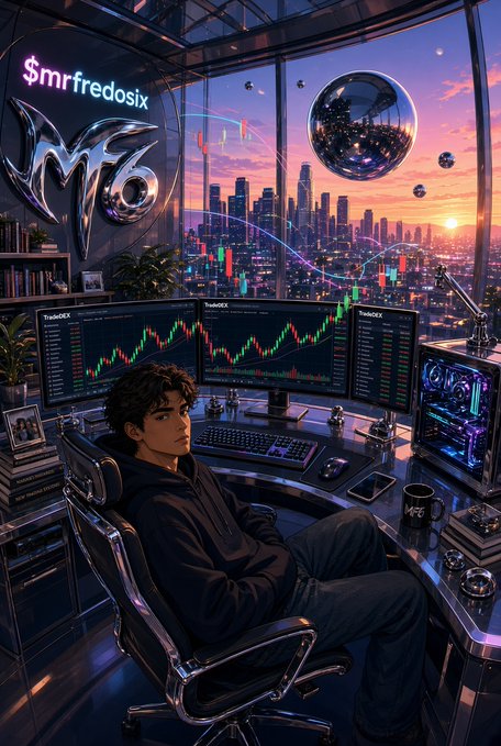An anime-style illustration shows a young man in a black hoodie sitting in a gaming chair at a multi-monitor trading setup displaying stock charts, with a neon '$mrfredosix' sign and a cityscape view at sunset behind him.