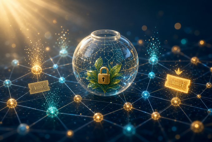 A digital illustration depicts a glass sphere containing a globe and a golden padlock surrounded by green leaves, set against a network of glowing nodes and connecting lines with floating ticket-like holograms.