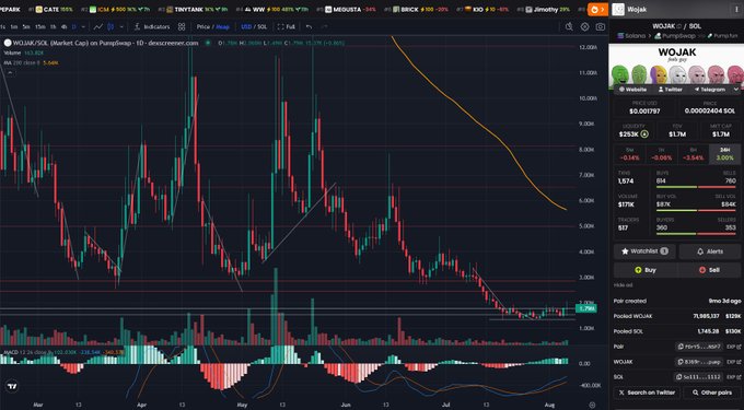 A TradingView candlestick chart for Wojak (WOJAK) on Solana, showing a significant price decline, with trading statistics displayed on the right panel.