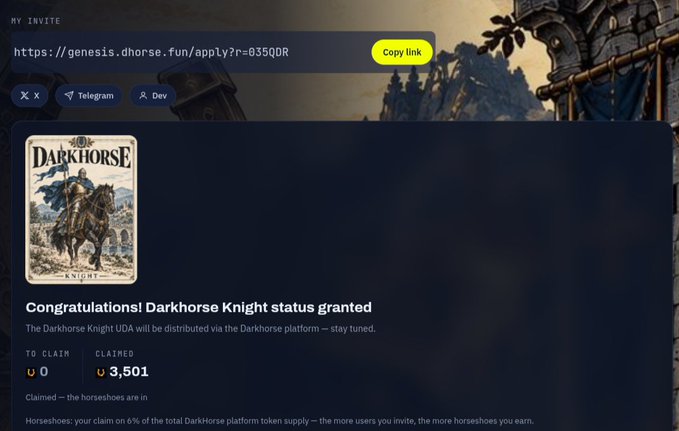 A Darkhorse platform page shows a congratulations message for 'Darkhorse Knight status granted' featuring a fantasy illustration of a knight on horseback, with an invitation link to genesis.dhorse.fun and 3,501 horseshoes claimed.