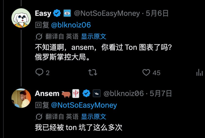 A screenshot of a Twitter/X exchange where user "Easy" (@NotSoEasyMoney) asks "ansem, have you seen the Ton chart? Russia has the situation under control," and Ansem (@blknoiz06) replies "I've been rugged by ton so many times" with 45 likes visible.