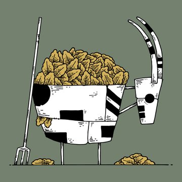 The image features a cartoon cow with horns, standing next to a bowl filled with food. The bowl contains a mix of nuts and other food items. The cow appears to be eating from the bowl while standing on four legs. There are no texts or additional objects in the image besides the cow and the bowl.