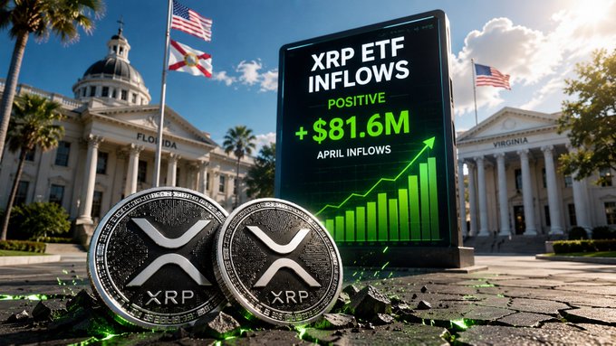 A promotional image showing two physical XRP coins in the foreground with a phone displaying "XRP ETF INFLOWS POSITIVE +$81.6M APRIL INFLOWS" and a rising green chart, set against government buildings in Florida and Virginia.