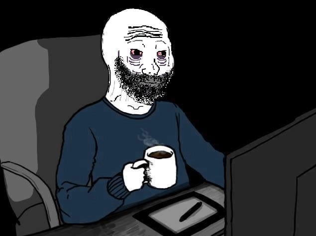 A tired-looking Wojak (the "soyjak" meme character) sits at a desk holding a steaming cup of coffee, staring blankly at his computer screen while his finger hovers over a graphics tablet, depicting a defeated trader sidelined by chaotic market conditions.

The image humorously captures the post's sentiment: rather than trading during red-trending markets ("the trenches are hot"), the poster is opting out to avoid losses, retreating to mundane digital art creation as a stress reliever.