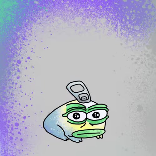 An animated illustration of a frog with a bottle opener on its head is centered against a grey background with blue and purple splatter effects.