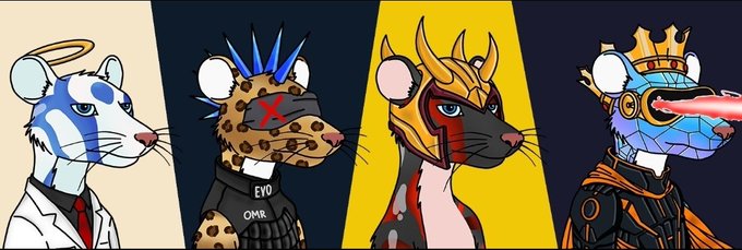 Four stylized anthropomorphic animal characters are shown side-by-side: a white mouse with a halo in a lab coat, a cheetah with blue spikes wearing a vest labeled 'EVO OMR', a red panda-like creature in golden samurai armor, and a blue dragon with a crown firing a laser beam.