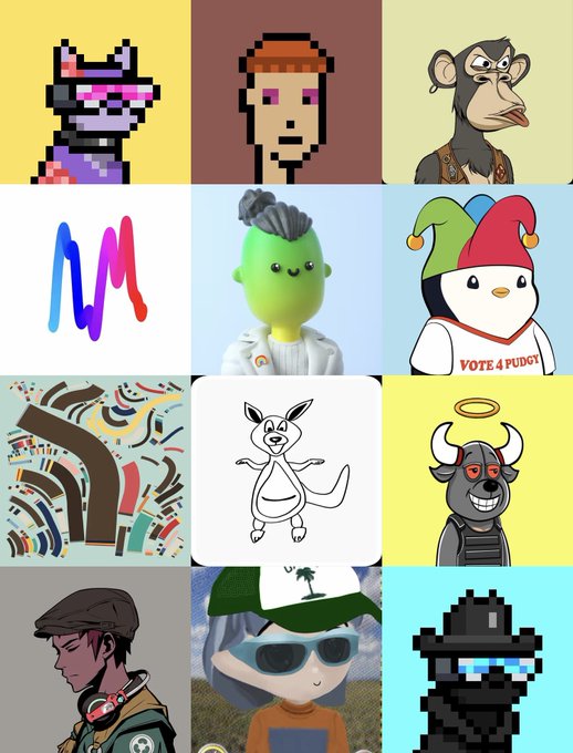 A 3x4 grid displaying various NFT characters and avatars including pixel art, monkeys, and fantasy creatures.