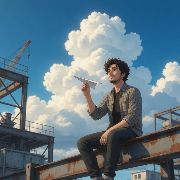 The image features a man sitting on top of a metal structure, holding a paper airplane. The scene takes place outdoors with a cloudy sky above him. There are also some buildings visible in the background. The caption provided for this image seems unrelated or out of context and does not provide any relevant information about the post.