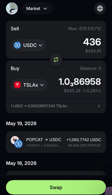A phone screen displays a trading app, with a message informing users that they have recently won money using the software. The app features various symbols associated with different cryptocurrencies like Bitcoin, USDC, and TSLA. One of these symbols shows a price for a specific cryptocurrency in USDC. There is also an option to trade one cryptocurrency for another in the market section.