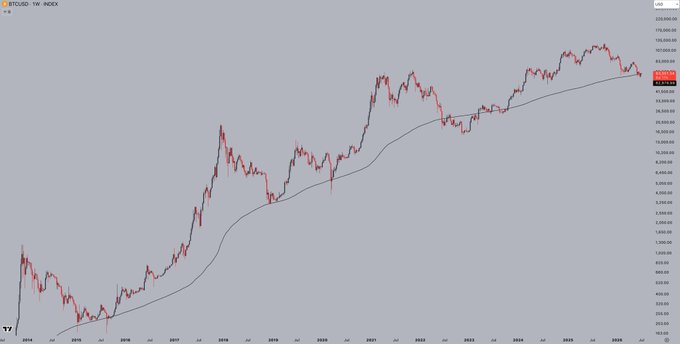 A weekly candlestick chart of BTC/USD displays Bitcoin's price action against a logarithmic scale from 2015 to 2025, with the current price highlighted at $114,261. A blue 200-week moving average line tracks beneath the price, illustrating how Bitcoin has historically found support at this level during major bear market bottoms. The chart visually supports the post's thesis about the 200W MA's significance as a high-timeframe support zone.