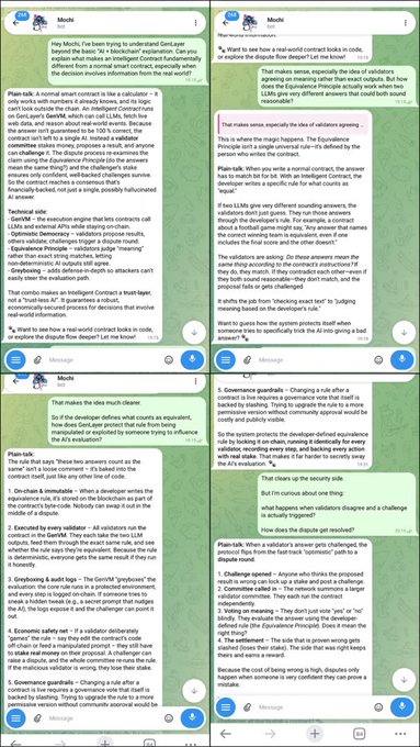 A screenshot of an AI chat interface called "Mochi" providing legal advice about smart contracts, focusing on clarity, ambiguity, and the differences between GenAI and LLM interpretations.