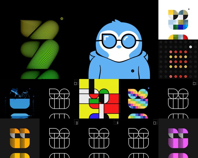 The image showcases a collection of colorful, abstract digital art pieces, including a cartoonish blue penguin wearing glasses and various geometric designs in hues like green, yellow, red, blue, and purple, arranged in a grid-like layout. This vibrant assortment visually represents the expanding NFT collection mentioned in the post, featuring Opepen Sets 011 and 025, as well as a Snowpepen, held by the user "anunanu" in their Node, now totaling 14 Opepen.