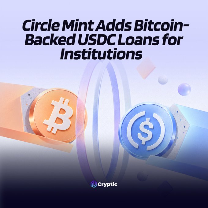 A promotional graphic from Cryptic announces "Circle Mint Adds Bitcoin-Backed USDC Loans for Institutions," featuring 3D-rendered Bitcoin and USDC coins against a soft purple background, visually representing the new lending service that allows institutions to borrow USDC against Bitcoin collateral through Morpho on Arc.