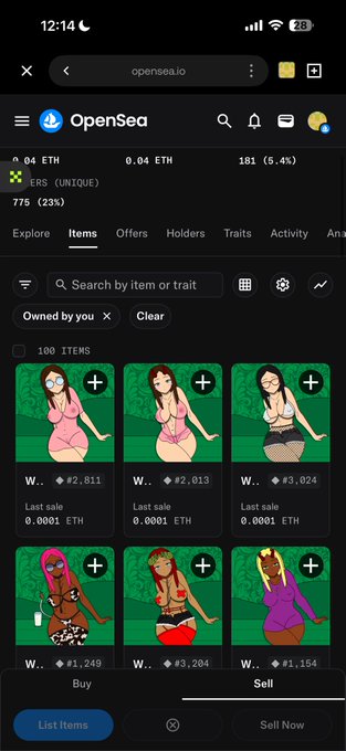 This is a screenshot of OpenSea showing NFTs owned by the user, which they claim to have acquired for as low as $0.25 ETH, with a stated goal of reaching 150 ETH. The displayed items are stylized female characters, and the user's accompanying post expresses shock and disdain for others listing similar NFTs at such low prices.