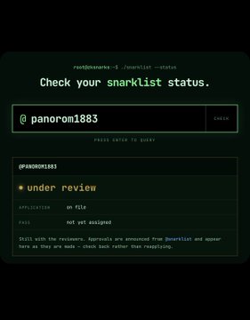 A screenshot of a terminal interface showing a snarklist status check for the username 'panoram1883', which is marked as 'under review' with the application 'on file' and fees 'not yet assigned'.