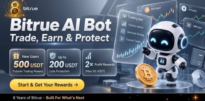 Bitrue's promotional banner for their "AI Bot" trading platform, featuring a robot mascot and offers including 500 USDT for new users, up to 200 USDT loss protection, and 2x profit rewards, designed to help crypto traders manage the emotional challenges of investing.