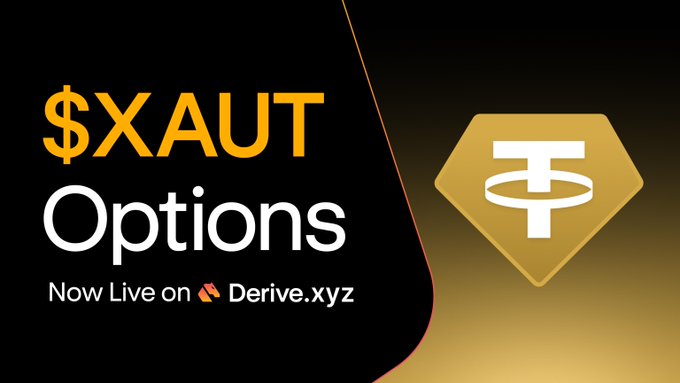 The image is a promotional graphic announcing "$XAUT Options - Now Live on Derive.xyz," featuring the Tether Gold (XAUT) logo in gold on a black background, which visually reinforces the post's announcement of XAUT spot, perpetual, and options trading now available on the Derive platform.