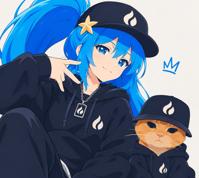Anime-style artwork of a blue-haired character and an orange cat, both wearing matching black hoodies and caps with a flame-like logo.