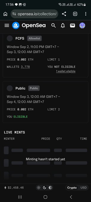 A mobile screenshot of the OpenSea NFT marketplace shows a collection page with two minting phases: an 'FCFS Allowlist' window from Sep 2 to Sep 3 priced at 0.002 ETH with a limit of 1, and a 'Public' window from Sep 3 to Sep 4 also at 0.002 ETH with a limit of 2, indicating the user's wallet is eligible and that 'Minting hasn't started yet.'