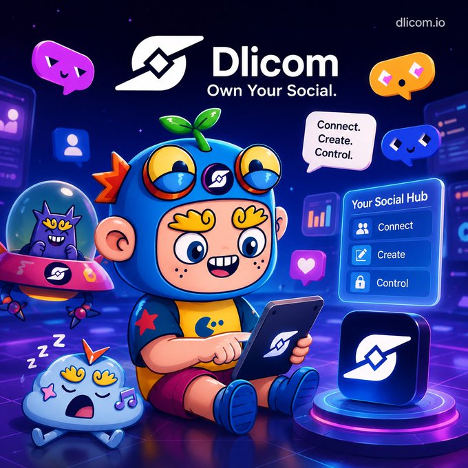 A vibrant promotional graphic for **Dlicom** (dlicom.io) features a cartoon character in a blue helmet holding a tablet, surrounded by floating speech bubbles, a UFO with a purple creature, and a "Your Social Hub" panel displaying **Connect, Create, and Control** buttons. The tagline **"Own Your Social"** and the phrase **"Connect. Create. Control."** reinforce the post's message about Dlicom being a decentralized social movement empowering creators with ownership and freedom.