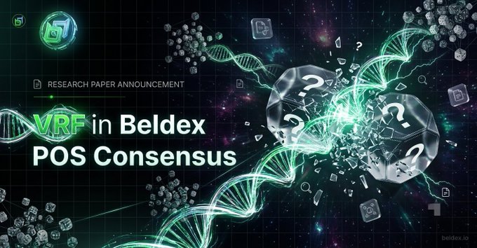 A promotional graphic for "VRF in Beldex POS Consensus" featuring a shattered DNA helix with question marks and document icons against a cosmic background, with the beldex.io URL.