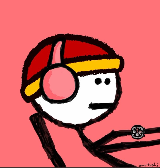 A simple digital drawing of a white figure with a red and yellow cap and a pink circular feature, with a watch on its arm against a pink background.