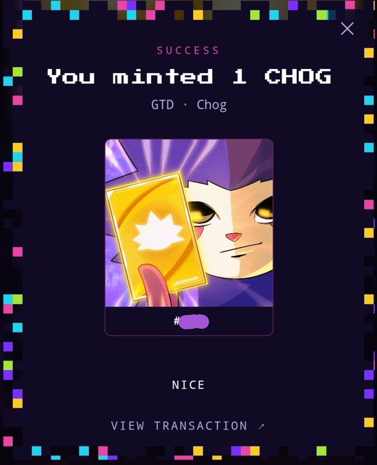 A digital interface showing a "SUCCESS" message for minting a "CHOG" NFT, featuring a cartoon purple cat holding a glowing yellow card against a dark background framed by colorful pixelated squares.