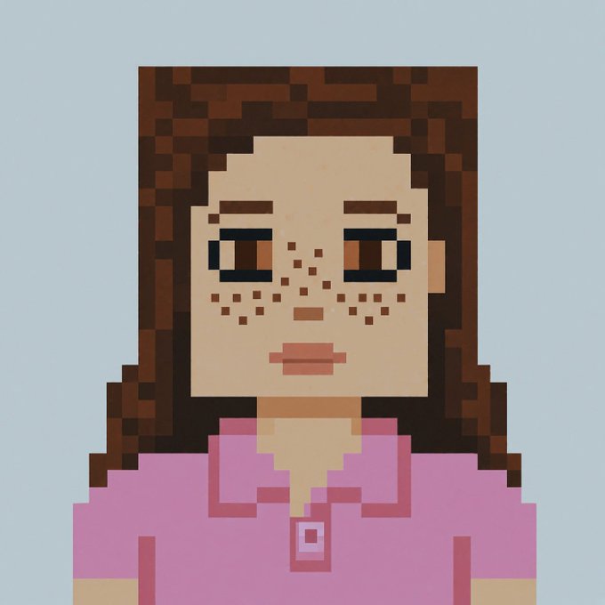 A pixel art portrait of a girl with freckles, brown hair, and a pink polo shirt against a light blue background.