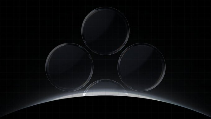 A dark abstract background with a grid pattern featuring four glossy black circular shapes arranged in a clover pattern above a curved light element.