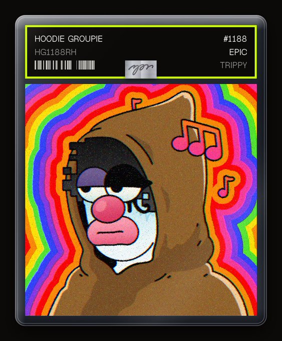 A trading card titled 'HOODIE GROUPIE #1188' with 'EPIC' and 'TRIPPY' labels, featuring a cartoon character with a pink nose and lips in a brown hoodie against a rainbow swirled background.