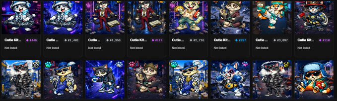A grid display of NFT digital art featuring various anthropomorphic cat characters in different outfits and poses, with usernames like 'Cutie Kit...' and 'Cutie...' shown below each piece with 'Not listed' status.