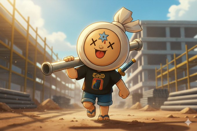 The image features an anthropomorphic character dressed in a black shirt with "ARCTERMINAL" written across their chest, holding a pipe or gun in one hand and a sword in the other. The character appears to be walking through a construction site, surrounded by various structures such as buildings and scaffolding. The post also mentions that the character is from the ARCTERMINAL wallet, which could suggest that they are associated with an ARCTERMINAL-related project or service.