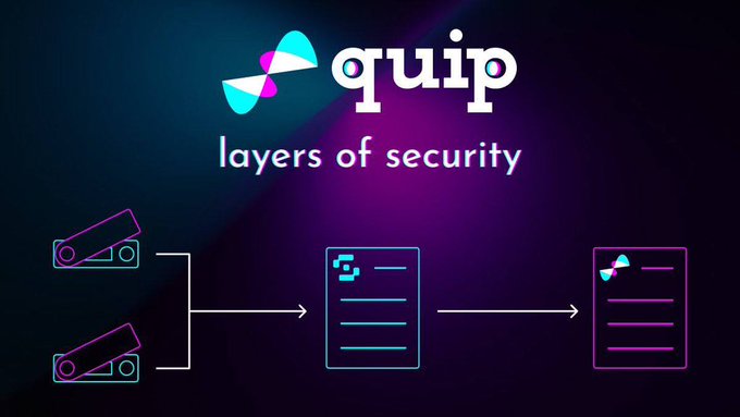 A promotional graphic with a neon aesthetic displaying the 'quip' logo and the text 'layers of security' above an iconographic flow chart of cameras, a document, and a secured file.