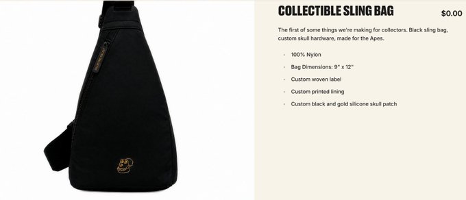 A product page detailing a 'COLLECTIBLE SLING BAG' for $0.00, made of 100% nylon with dimensions of 9" x 12", featuring custom woven labels and a black and gold silicone skull patch.