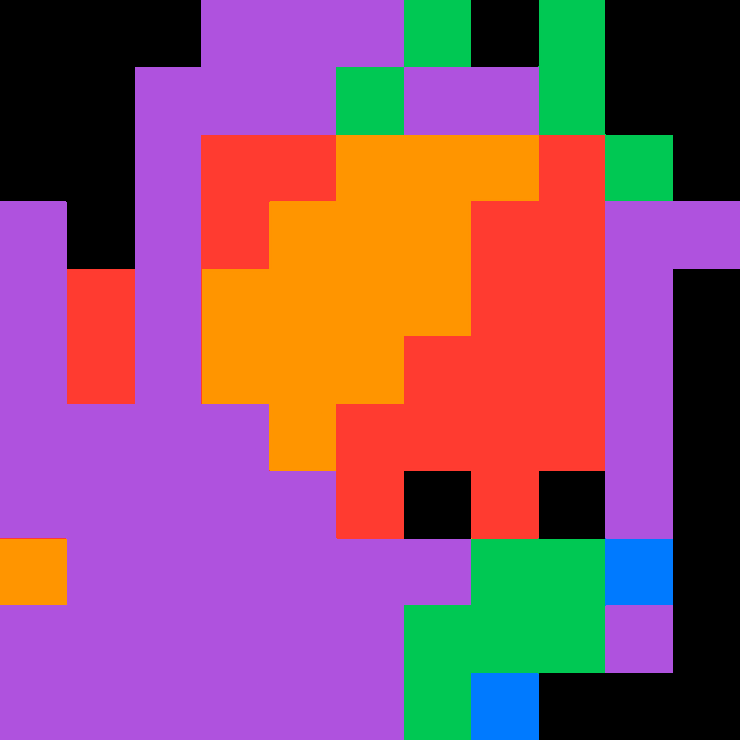 A colorful pixel art design with blocks of purple, red, orange, green, blue, and black arranged in an abstract pattern.