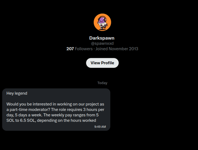 A Twitter DM from 'Darkspawn (@spawnxxd)' offering a part-time moderator role paying 5-6.5 SOL weekly.