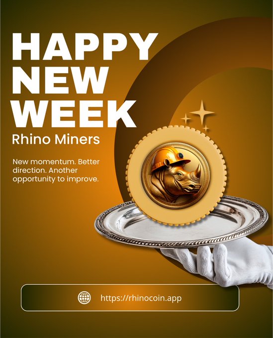 A 'Happy New Week' promotional poster for Rhino Miners featuring a gold coin with a rhino wearing a hard hat, served on a silver tray, with the website rhinocoin.app.