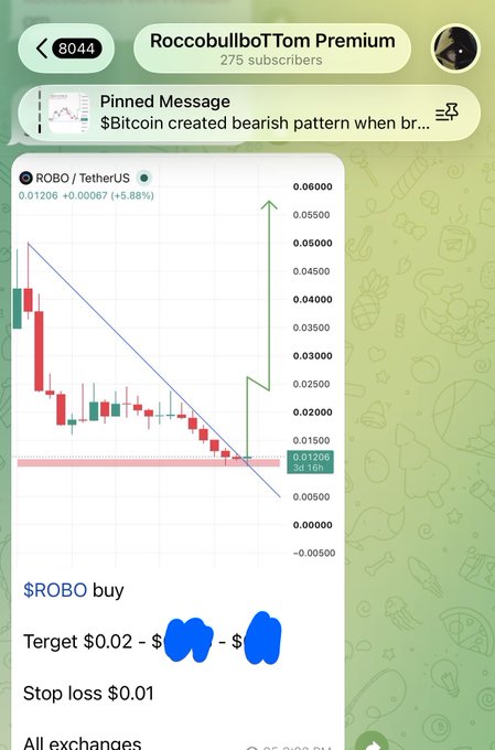 A Telegram “RocobullboTTom Premium” post features a $ROBO/USDT chart and signal: “$ROBO buy,” first target around $0.02, stop loss at $0.01. The caption says the first target has already delivered about 85% profit, with a second target still ahead.
