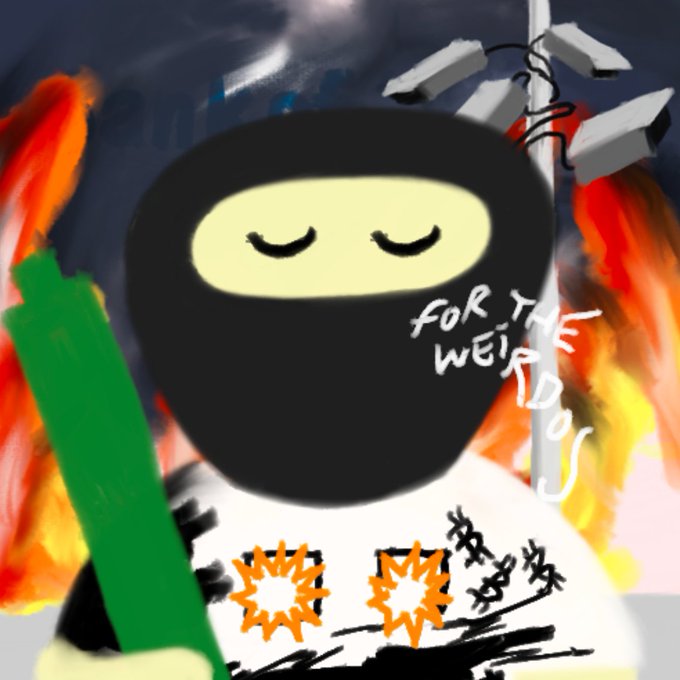A crude MS Paint-style digital drawing of a ninja character with a drawn-on mustache and text reading 'FOR THE WEIRD DOWS'.