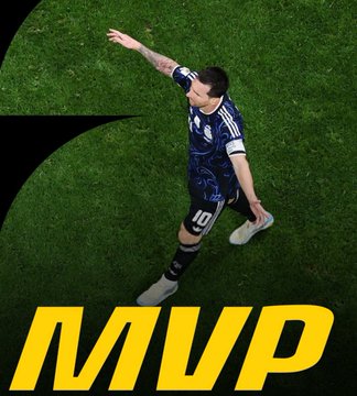Soccer player in an Argentina #10 jersey (Messi) celebrating on the pitch with 'MVP' displayed in bold yellow text at the bottom.