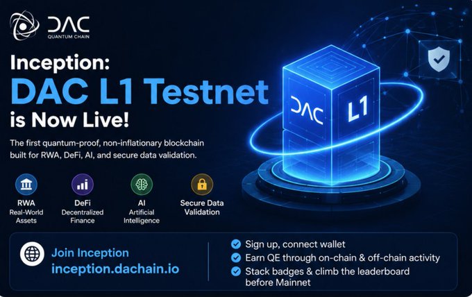 The image features a blue cube with the words "Inception" written on it, along with a description of DAC's new blockchain technology. The cube also has a QR code that leads to more information about the project.