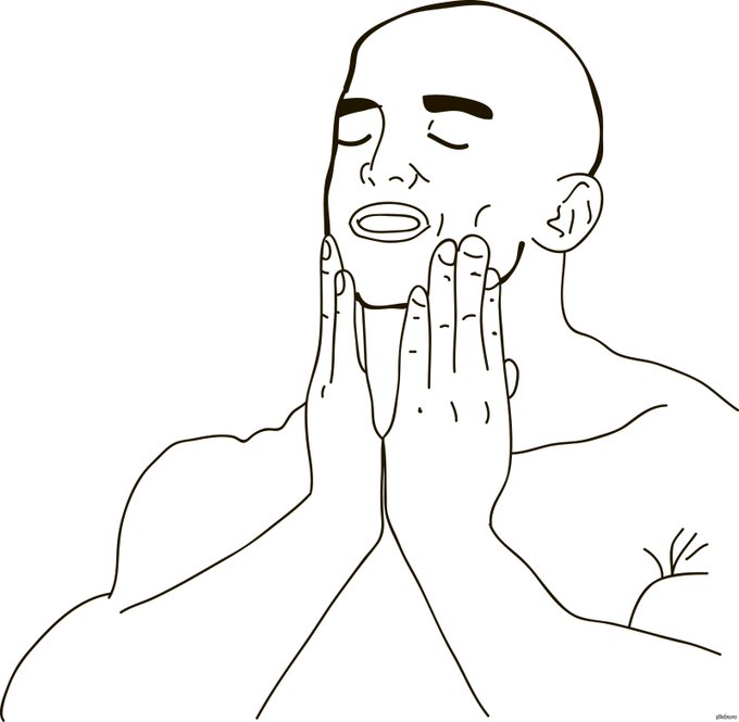 A minimalist black-and-white line drawing of a bald man with his eyes closed, hands clasped near his face in a contemplative or prayerful pose.