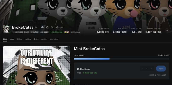 A screenshot of the BrokeCats NFT collection page showing 3,747/10,000 items minted, with status indicators for "CERTIFIED DEGEN" and "Floor Price 0.0000 ETH," alongside "OUR UTILITY IS DIFFERENT" branding. The image illustrates the minting activity referenced in the post, showing that the user claimed one of the remaining free NFTs from the 10,000 supply.