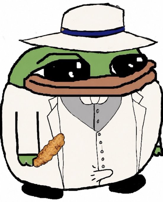 A Pepe the Frog cartoon dressed in a white suit, fedora, and sunglasses holds a piece of fried chicken (tendies), visually representing the "$tendies" meme referenced in the post about the crypto community.
