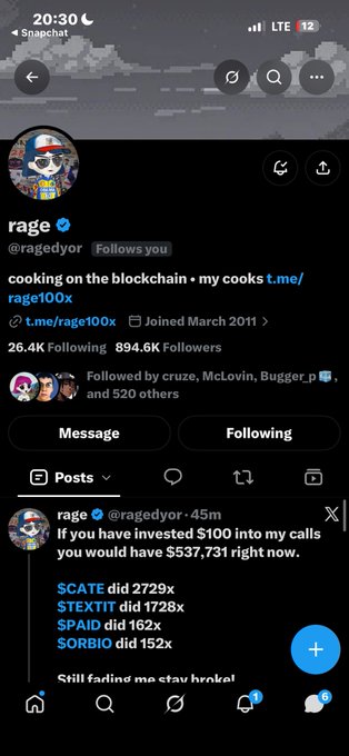 A screenshot of the X/Twitter profile of user @ragedyor, showing a pinned post about 'cooking on the blockchain' and mentioning various crypto tickers including SCATE, STEXTIT, $PAID, and SORBIO.