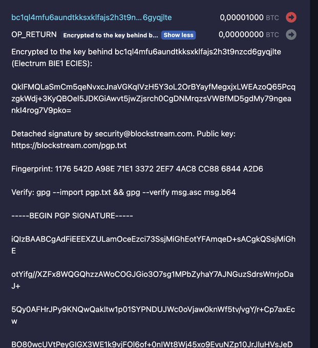 A mempool.space transaction screenshot showing an OP_RETURN output of 0 BTC containing an ECIES-encrypted message (using Electrum BIP-21) addressed to "bc1ql4mfu6aundtkksxklfajs2h3t9nzcd6yqjlte," along with a valid PGP signature by security@blockstream.com (key fingerprint 1176 542D A98E 71E1 3372 2EF7 4AC8 CC88 6844 A2D6), confirming Blockstream's on-chain response.