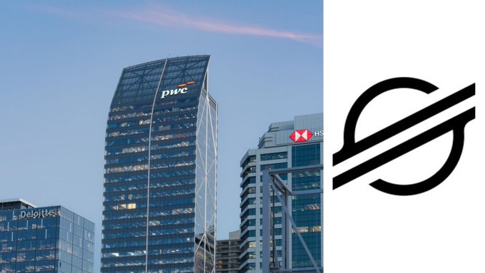 The image shows a cityscape featuring modern skyscrapers with "pwc," "Deloitte," and "HSBC" signs visible, alongside a Stellar (XLM) cryptocurrency logo. The image relates to the post by visually highlighting PwC's established presence in financial services alongside the Stellar cryptocurrency logo, supporting the claim that PwC recognizes $XLM as enterprise-grade infrastructure for institutional finance.