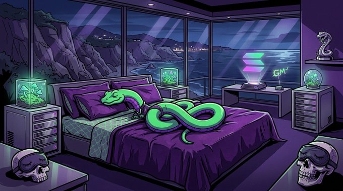 An animated illustration of a purple bedroom with a green snake on the bed, skulls on the floor, and a night view of the ocean through the window.